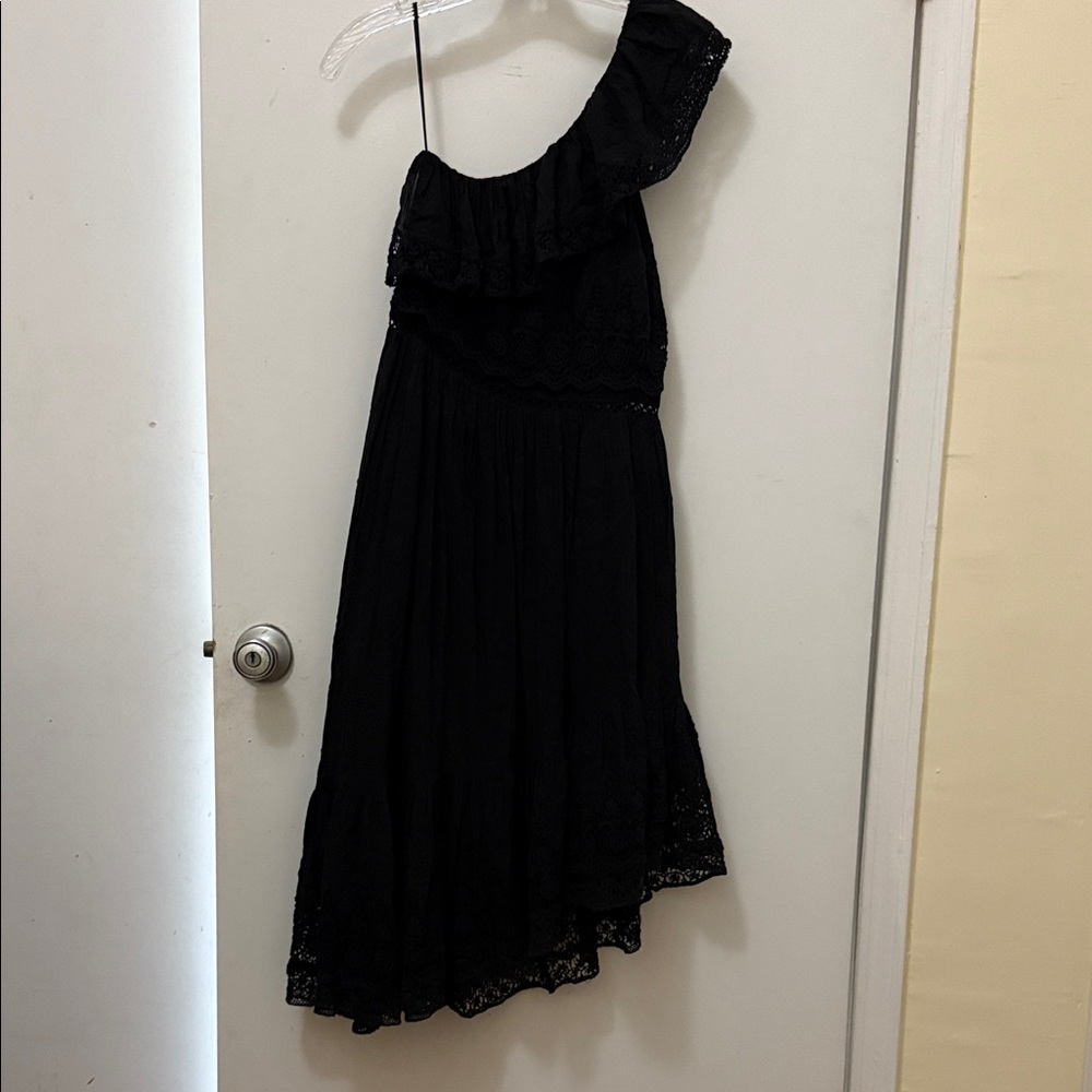 LoveShackFancy Black One-Shoulder Midi Dress
